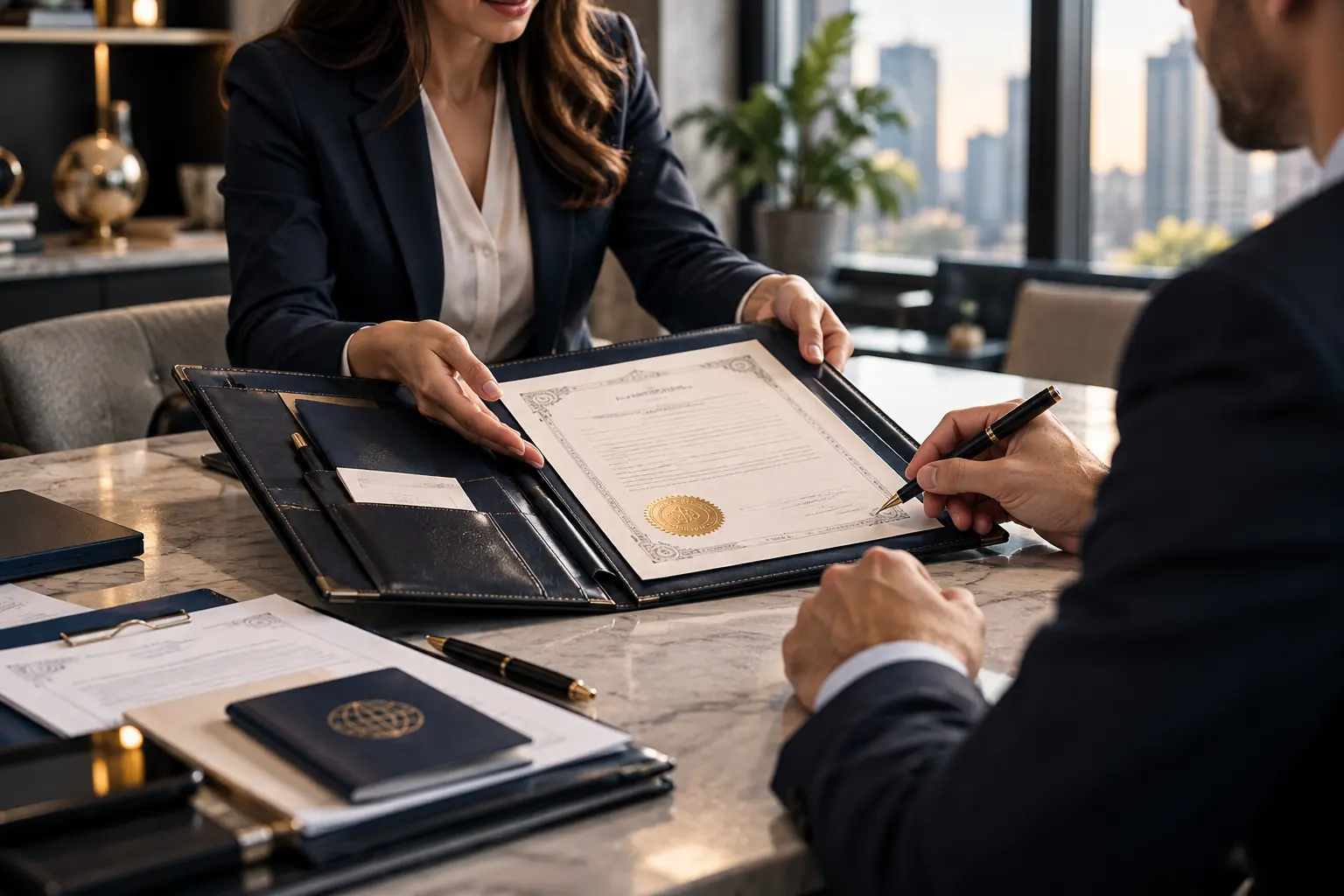 Certificate with a gold seal handed across a desk for signature