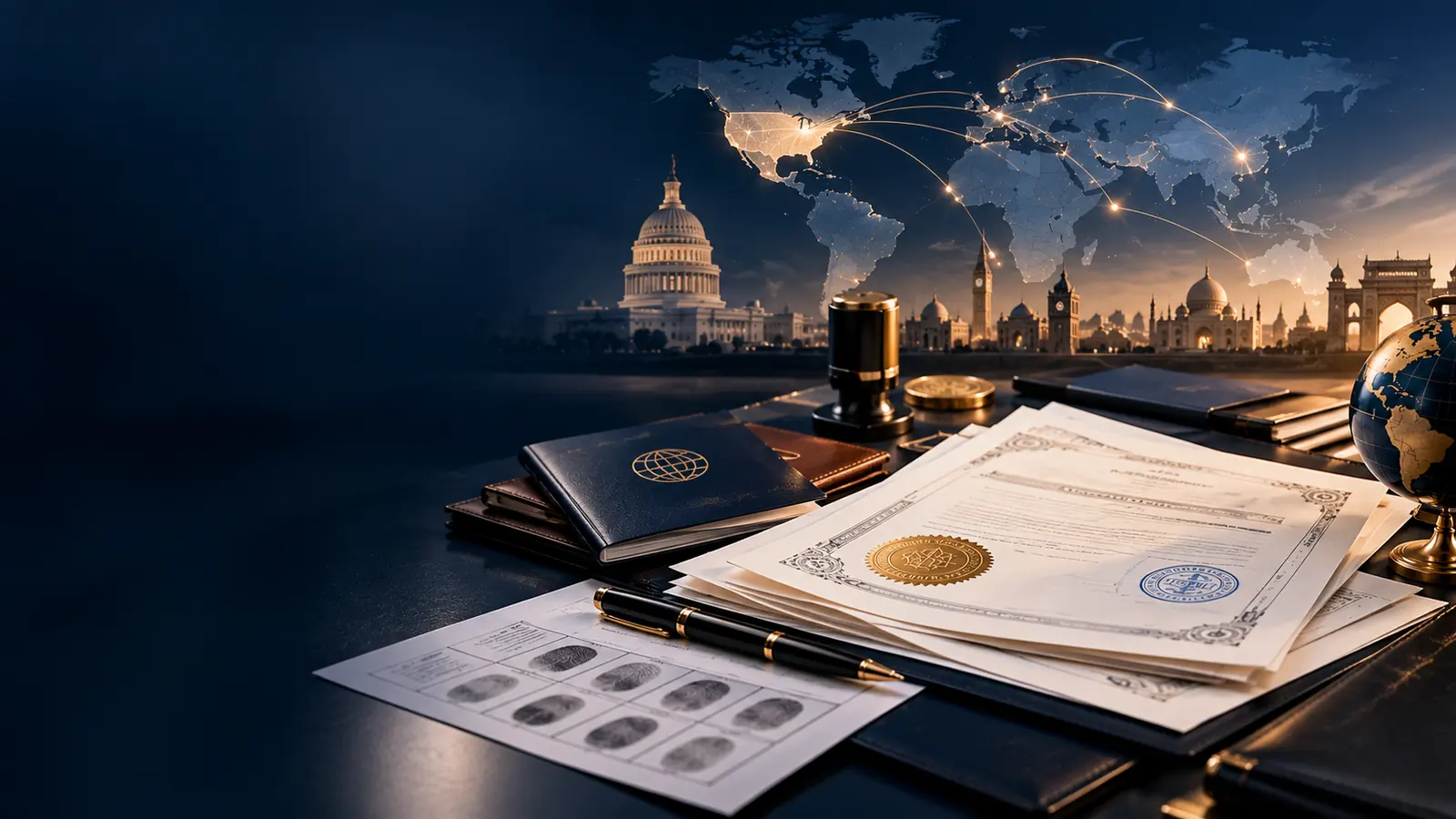 Certificates and passports in front of a world map
